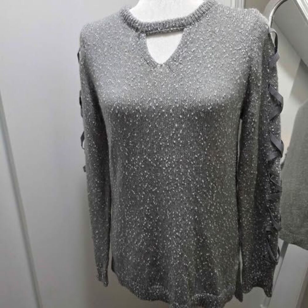 Rock & Republic Gray Lace-Up Sleeve Sweater Size M